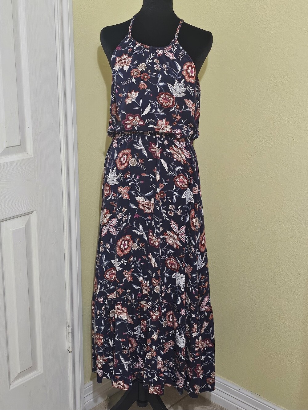 Old Navy Navy Floral Halter Maxi Dress with Pink & Cream Blooms